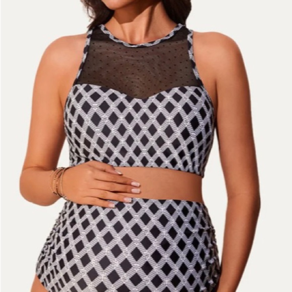 Black and White Geometric High-Neck Swimsuit
